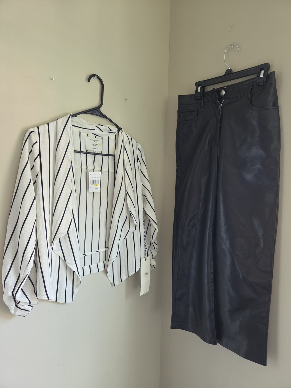 Wilfred Black Faux Leather Wide-Leg Pants White Iris Pinstripe Draped Blazer Top